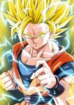  1boy aura blonde_hair clenched_hand commentary_request dougi dragon_ball dragon_ball_z electricity fighting_stance green_eyes highres kamishima_kanon male_focus muscle solo son_gokuu spiked_hair super_saiyan super_saiyan_2 upper_body wristband 
