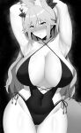  1girl absurdres animal_ear_fluff animal_ears arind_yudha bare_shoulders blush breasts cleavage collarbone fate/grand_order fate_(series) fox_ears fox_girl fox_tail greyscale hair_between_eyes highres koyanskaya_(fate) large_breasts long_hair looking_at_viewer monochrome sidelocks solo swimsuit tail tamamo_(fate) thighs 