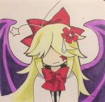  1girl blonde_hair closed_mouth commentary_request elis_(touhou) facial_mark flower hair_flower hair_ornament hair_ribbon kaigen_1025 long_hair long_sleeves neck_ribbon no_eyes no_nose purple_wings red_flower red_ribbon ribbon shirt simple_background solo star_(symbol) star_facial_mark sweatdrop touhou touhou_(pc-98) traditional_media white_background white_shirt wings 