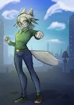 absurd_res arctic_fox canid canine city cityscape clothing eyewear female fighting_pose fox fur glasses hair hair_dye hi_res kemono mammal pigtails pose sasha_(system_exception) shirt sidpoke size_difference slim smaller_female solo topwear white_body white_fur