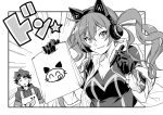  1boy 1girl animal_ear_headphones animal_ears apron bag breasts cat_ear_headphones cleavage duel_monster fake_animal_ears gloves greyscale grin headphones highres holding holding_bag holding_marker hood hoodie i:p_masquerena kusanagi_shouichi long_hair marker medium_hair monochrome paper_bag short_sleeves smile sosamoto_(tvny2528) twintails yu-gi-oh! yu-gi-oh!_vrains 