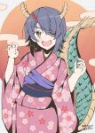 1girl alternate_costume commentary_request cowboy_shot curled_fingers dragon_horns dragon_tail eyepatch floral_print highres horns japanese_clothes kantai_collection kimono obi open_mouth pink_kimono purple_hair round_teeth sash short_hair smile solo tail taira_yuuki teeth tenryuu_(kancolle) upper_teeth_only yellow_eyes 
