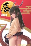  1girl 2024 aoi_kumiko ass black_hair blue_eyes brown_sweater chinese_zodiac closed_mouth clothes_lift commentary_request dragon_girl dragon_horns dragon_tail egasumi from_behind grey_skirt half-closed_eyes happy_new_year highres horns lifted_by_self long_hair long_sleeves looking_at_viewer looking_back original panties plaid plaid_skirt puffy_long_sleeves puffy_sleeves red_background side-tie_panties skirt skirt_lift sleeves_past_wrists smile solo sweater tail underwear white_background white_panties year_of_the_dragon 