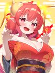  1girl :d absurdres bare_shoulders breasts cleavage collarbone commentary_request dragon_girl dragon_horns fang fingernails highres horns huge_breasts ilulu_(maidragon) japanese_clothes kimono kobayashi-san_chi_no_maidragon long_hair long_sleeves looking_at_viewer low_twintails new_year obi pointy_ears red_eyes red_hair red_kimono sash skin_fang slit_pupils smile solo sonao twintails upper_body wide_sleeves yellow_horns 