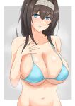  1girl absurdres areola_slip arm_behind_back bare_shoulders bikini bikini_top_only black_hair blue_bikini blue_eyes blush border breasts cleavage collarbone dot_nose grey_background hair_between_eyes hairband hand_up highres idolmaster idolmaster_cinderella_girls idolmaster_cinderella_girls_starlight_stage long_hair looking_at_viewer medium_breasts navel open_hand outside_border parted_lips sagisawa_fumika shy simple_background solo steam sweat swimsuit underboob white_border white_hairband zhi_(papercraft8559) 