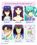  3boys 3girls absurdres aqua_hair bangs bird black_choker black_hair blue_eyes blue_hair character_name choker closed_mouth collarbone crossover earrings english_commentary eyewear_on_head green_eyes grey_eyes grin hair_between_eyes hashibira_inosuke hatsune_miku highres jewelry katsuragi_misato kill_la_kill kimetsu_no_yaiba kiryuuin_satsuki levi_(shingeki_no_kyojin) long_hair looking_at_viewer looking_to_the_side multicolored_hair multiple_boys multiple_crossover multiple_girls neon_genesis_evangelion onodera_punpun open_mouth oyasumi_punpun shingeki_no_kyojin shirt short_hair six_fanarts_challenge smile twintails two-tone_hair vinne vocaloid white_headwear white_shirt 