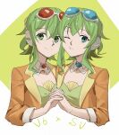 2girls blue-tinted_eyewear blue_eyes brooch cheek-to-cheek collar commentary cropped_torso detached_collar dual_persona goggles goggles_on_head green_eyes green_hair green_tube_top gumi gumi_(ai_megpoid) headphones heads_together highres holding_hands jacket jewelry looking_at_viewer multiple_girls one_eye_closed orange_jacket red_goggles smile strapless synthesizer_v tinted_eyewear tube_top upper_body vocaloid white_background wounds404 