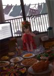  1girl angel_wings brown_eyes brown_hair child commentary_request dutch_angle eating feathered_wings food fried_rice head_wreath highres laundry long_hair long_skirt mussel newspaper noodles original pie plate red_skirt salad skirt solo television turkey_(food) wings yano_keito 