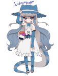  alternate_costume bare_shoulders black_footwear blue_bow blue_bowtie blue_eyes blue_hair blue_headwear blue_sleeves blue_theme blush bow bowtie collar detached_sleeves dress frilled_collar frilled_dress frills hand_on_headwear hat high_heels highres kemono_friends komodo_dragon_(kemono_friends) lizard_tail long_hair looking_at_viewer multicolored_hair notora reptile_girl scales sidelocks smile sun_hat tail toeless_legwear white_dress white_hair 