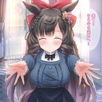  ... 1girl alternate_costume animal_ears black_hair blunt_bangs blurry blurry_background bow breasts casual closed_eyes closed_mouth commentary_request daiichi_ruby_(umamusume) drill_hair drill_sidelocks hair_bow hair_ornament horse_ears horse_girl incoming_hug liukensama long_hair looking_at_viewer medium_breasts ribbon sidelocks smile solo translation_request umamusume 