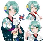  1girl absurdres bang_dream! braid candy_apple commentary english_commentary floral_print flower food fries_vanquisher green_eyes green_hair green_kimono hair_flower hair_ornament hair_stick highres hikawa_sayo holding japanese_clothes kimono looking_at_viewer multiple_views new_year obi omikuji open_mouth pinwheel sash simple_background smile white_background 