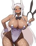  1girl animal_ears ass_visible_through_thighs bare_shoulders boku_no_hero_academia breasts bright_pupils cleavage closed_mouth commentary cowboy_shot dark-skinned_female dark_skin detached_collar donburi_(donburikazoku) english_commentary fake_animal_ears fishnet_pantyhose fishnets grey_hair hand_on_own_hip highres leotard looking_at_object mirko pantyhose playboy_bunny rabbit_ears red_eyes simple_background skindentation solo strapless strapless_leotard sweat thick_thighs thighs white_background white_leotard white_pupils wide_hips wrist_cuffs 