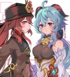  2girls :p ahoge artist_name bare_shoulders bell black_headwear blue_hair bodystocking brown_coat chinese_knot closed_mouth coat collared_coat commentary_request cowbell detached_sleeves flower flower-shaped_pupils ganyu_(genshin_impact) genshin_impact goat_horns gradient_hair hat hat_flower highres horns hu_tao_(genshin_impact) long_hair long_sleeves looking_at_viewer makoto_139 multicolored_hair multiple_girls neck_bell orange_eyes purple_eyes purple_hair red_eyes red_hair sideways_glance symbol-shaped_pupils tongue tongue_out two-tone_eyes upper_body white_sleeves 