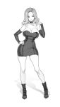  1girl artist_name brassica breasts cleavage closed_mouth collar collarbone detached_sleeves dress full_body greyscale hand_on_own_hip hexagon_print highres large_breasts long_hair monochrome original shadow shoes short_dress solo strapless strapless_dress 
