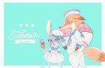  2016 anthro blue_background border canid canine clothed clothing dessert disney duo english_text food fox fully_clothed fur grey_body grey_fur holding_food holding_object ice_cream ice_cream_cone judy_hopps lagomorph leporid mammal nick_wilde orange_body orange_fur rabbit red_fox simple_background strawberry628_(artist) text white_border zootopia 