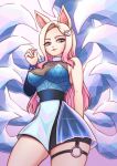  1girl ahri_(league_of_legends) animal_ears artist_name blonde_hair blue_dress breasts butter_spoon cleavage commentary contrapposto cowboy_shot dress facial_mark forehead fox_ears fox_tail from_below glint gradient_hair hair_ornament highres k/da_all_out_ahri league_of_legends medium_breasts multicolored_hair multiple_tails o-ring o-ring_thigh_strap pink_hair see-through see-through_cleavage short_dress single_sleeve sleeveless sleeveless_dress smile solo sparkle tail the_baddest_ahri thigh_strap thighs whisker_markings 