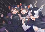  &gt;_&lt; 3girls :d ^_^ animal_ears antelope_ears antelope_horns apron australian_devil_(kemono_friends) bangs bare_shoulders batten_japari_dan black_hair blackbuck_(kemono_friends) blurry bow bowtie brown_hair cape clenched_hands closed_eyes closed_mouth couch detached_sleeves emphasis_lines extra_ears eyebrows_visible_through_hair eyepatch fangs furrowed_eyebrows gaijin_4koma grey_hair hair_over_one_eye hand_on_another&#039;s_shoulder hands_up highres horns isobee kemono_friends long_hair medical_eyepatch medium_hair meme multicolored_hair multiple_girls open_mouth own_hands_together pointing shirt sitting skirt smile swept_bangs tail tasmanian_devil_(kemono_friends) tasmanian_devil_ears tasmanian_devil_tail thighhighs two-tone_hair upper_teeth v-shaped_eyebrows waist_apron white_hair xd zettai_ryouiki |d 