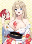  1girl bare_shoulders between_breasts blonde_hair blue_eyes breasts collarbone commentary dolphin_wave floral_print hair_intakes hand_fan hand_up highres holding holding_fan japanese_clothes kimono kirahoshi_kanna large_breasts long_hair long_sleeves looking_at_viewer obi open_mouth paid_reward_available sash smile solo surippa1010 teeth upper_teeth_only white_kimono wide_sleeves yellow_background 