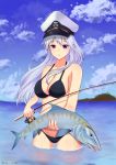  1girl animal artist_name azur_lane bangs bikini black_bikini breasts cleavage closed_mouth collarbone commission deviantart_logo enterprise_(azur_lane) eyebrows_visible_through_hair facebook_logo fishing_rod hat highres holding holding_animal holding_fish holding_fishing_rod large_breasts light_smile long_hair looking_at_viewer military_hat neho-kun partially_submerged patreon_logo pixiv_logo purple_eyes smile solo swimsuit twitter_logo water wet white_hair 