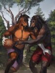 abs anthro ariesredlo ball basketball basketball_(ball) biceps duo equid equine ganachethehorse hi_res horse male mammal muscular muscular_anthro muscular_male nipples noz_orlok pecs vein veiny_muscles