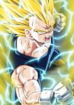  1boy absurdres aura clenched_hands dragon_ball dragon_ball_z electricity facial_mark fighting_stance forehead_mark from_above gloves highres kamishima_kanon majin_vegeta male_focus muscle open_mouth solo super_saiyan super_saiyan_2 vegeta veins white_gloves 