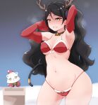  1girl antlers armpits ass_visible_through_thighs bell bikini black_choker black_hair breasts choker christmas clenched_teeth covered_nipples elbow_gloves fake_antlers gloves hair_between_eyes kiratto_pri_chan looking_at_viewer luluna_(pri_chan) medium_breasts neck_bell pretty_series red_bikini red_gloves swimsuit tail teeth thighs yellow_eyes yonekura_hisaki 