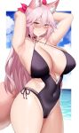  1girl absurdres animal_ear_fluff animal_ears arind_yudha bare_shoulders blush breasts cleavage collarbone fate/grand_order fate_(series) fox_ears fox_girl fox_tail hair_between_eyes highres koyanskaya_(fate) large_breasts long_hair looking_at_viewer pink_hair sidelocks solo swimsuit tail tamamo_(fate) thighs yellow_eyes 