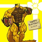 abs anthro armor big_muscles big_tail birthday_gift black_clothing bracers brown_body brown_countershading clothing countershading deltoids forearms gift grin huge_muscles hyper hyper_muscles kiltio_(kuroma) latissimus_dorsi male manly muscular obliques one_eye_closed pecs plain_white quads red_clothing smile solo spikes spots spotted_body swimming_cap tail trapezius vein veiny_muscles yellow_body yellow_clothing