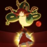 2girls :3 =_= aura bow braid brown_hair chinese_zodiac closed_eyes closed_mouth commentary_request detached_sleeves dragon dragon_ball dragon_ball_(classic) feet_out_of_frame full_body glowing hair_bow hakurei_reimu highres hong_meiling human_head long_hair looking_at_another multiple_girls parody red_background red_bow red_hair red_shirt red_skirt shenron_(dragon_ball) shirosato shirt skirt skirt_set sleeveless sleeveless_shirt smile touhou twin_braids white_sleeves year_of_the_dragon 