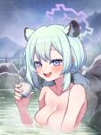  1girl animal_ears blue_archive blush breasts cleanerjay cleavage collarbone cup fingernails green_hair halo highres holding holding_cup medium_breasts medium_hair night onsen open_mouth outdoors partially_submerged purple_eyes purple_halo shigure_(blue_archive) shigure_(hot_spring)_(blue_archive) smile solo water weasel_ears wet 