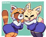 aggretsuko ailurid animated anthro beady_eyes big_breasts black_eyes blue_bottomwear blue_clothing blue_skirt blue_topwear blush blush_lines bottomwear bouncing_breasts bouncymae breasts brown_body brown_fur canid canine cheek_tuft clothed clothing duo eyelashes eyes_closed facial_tuft female fennec fenneko fox fur green_background hand_holding huge_breasts legwear looking_at_viewer mammal markings open_mouth orange_body orange_fur purple_clothing purple_legwear purple_thigh_highs red_panda retsuko sanrio shirt simple_background skirt striped_markings striped_tail stripes tail tail_markings tan_body tan_fur thick_thighs thigh_highs topwear tuft white_background white_body white_clothing white_fur white_shirt white_topwear wide_hips