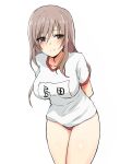  1girl alternate_costume arms_behind_back bare_legs blush breasts brown_eyes brown_hair girls_und_panzer gym_shirt gym_uniform highres large_breasts leaning_forward long_hair nasunael shimada_chiyo shirt smile solo white_background 