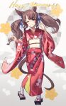  1girl alternate_costume animal_ears brown_hair commentary_request full_body geta grin happy_new_year highres horse_ears horse_girl horse_tail japanese_clothes kimono long_hair new_year obi one_eye_closed patterned_background purple_eyes red_kimono sash smile socks solo solokitsune tabi tail tosen_jordan_(umamusume) twintails umamusume waving white_socks 