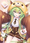  1girl 2019 :d animal_ears animal_hood commentary_request copyright_name dated eyelashes fake_animal_ears green_eyes green_hair happy hood kusumoto_shizuru looking_at_viewer mahjong mahjong_soul mahjong_tile necktie open_mouth red_panda_ears red_panda_girl smile solo yostar yuzu_(mahjong_soul) 