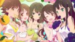  5girls :d ;d asao_(vc) blue_eyes breasts brown_eyes brown_hair cleavage commentary_request dress eyebrows_visible_through_hair food food_in_mouth fruit grapes green_eyes green_hair happy holding holding_food holding_fruit honda_mio idolmaster idolmaster_cinderella_girls large_breasts light_brown_hair long_hair looking_at_viewer looking_to_the_side medium_breasts multiple_girls off-shoulder_dress off_shoulder one_eye_closed open_mouth orange_eyes round_teeth shibuya_rin shimamura_uzuki short_hair smile takagaki_kaede teeth totoki_airi 