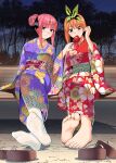  2girls absurdres adjusting_hair barefoot blue_eyes breasts butterfly_hair_ornament candy_apple collarbone feeding feet floral_print food foot_focus full_body go-toubun_no_hanayome green_ribbon green_sash hair_bun hair_ornament hair_ribbon highres japanese_clothes kimono kosmos_beta large_breasts long_sleeves looking_at_viewer medium_hair multiple_girls nakano_nino nakano_yotsuba night obi orange_hair outdoors pink_hair print_kimono purple_kimono red_kimono red_sash ribbon sandals sash short_hair_with_long_locks sitting sky soles star_(sky) starry_sky thighhighs toes unworn_sandals white_thighhighs wide_sleeves wooden_floor 