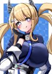  +_+ 1girl :q absurdres asagiri_rey azur_lane black_gloves blonde_hair blue_background blue_leotard blue_ribbon blush border breasts commentary_request facial_mark fingerless_gloves gloves guam_(azur_lane) hair_ornament hairclip hand_up headgear heart heart_facial_mark highres index_finger_raised large_breasts leotard long_hair long_sleeves looking_at_viewer neck_ribbon partial_commentary purple_eyes ribbon sidelocks sleeves_rolled_up smile solo standing star-shaped_pupils star_(symbol) symbol-shaped_pupils tongue tongue_out twintails upper_body very_long_hair white_border 