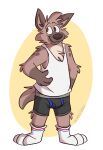 anthro black_boxer_briefs black_clothing black_underwear blue_seam_boxer_briefs boxer_briefs brown_body brown_eyes brown_fur clothing detailed_background footwear fur hand_on_stomach hi_res hyena male mammal markings mushketeery mushy_(mushketeteery) oval pantsless shirt signature simple_background smile socks solo spots spotted_markings tank_top topwear underwear white_background white_clothing white_footwear white_shirt white_socks white_tank_top white_topwear yellow_background