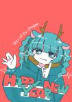  1girl 2024 blue_eyes blue_hair blue_hoodie braid chinese_zodiac closed_mouth dot_nose drawstring fake_horns fang finger_to_cheek flat_color hand_up happy_new_year head_tilt highres hood hood_down hoodie horns index_finger_raised long_bangs long_sleeves looking_at_viewer open_hand original red_background sleeves_past_wrists smile solo sskitaco straight-on upper_body year_of_the_dragon 
