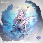  1girl armor artist_request breasts bridal_gauntlets bridal_legwear cleavage closed_mouth echocalypse fins fish fish_girl fish_tail hair_over_one_eye head_fins holding holding_sword holding_weapon katana kyubey_(echocalypse) large_breasts logo long_hair official_art purple_eyes second-party_source sheath sheathed shoulder_armor single_vambrace solo sword tail underwater vambraces weapon 