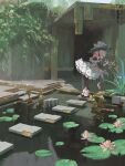  1girl commission highres lefko_d lily_pad original outdoors pink_hair pond realistic scenery solo structure water_lily_flower 