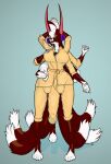 2023 3_breasts 3_legs 6_arms 6_fingers 6_tails 6_toes anthro breasts clothed clothing cougar digital_media_(artwork) feet felid feline fingers gynomorph hi_res intersex mammal multi_arm multi_breast multi_genitalia_bulge multi_leg multi_limb multi_tail multifur open_mouth pajamas pillow simple_background sleeps-darkly_(artist) smile solo tail toes vox_(strredwolf)