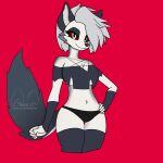 anthro bottomwear breasts canid canid_demon churru clothing countershade_tail countershade_torso countershading demon ear_piercing ear_ring female gesture hellhound helluva_boss hi_res loona_(helluva_boss) mammal midriff panties piercing raised_tail red_sclera ring_piercing shoulderless_shirt solo tail under_boob underwear
