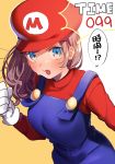  1girl absurdres blue_eyes blush breasts brown_hair clenched_hand commentary_request cosplay gloves hair_ornament hat highres kuma_daigorou long_sleeves looking_at_viewer mario mario_(cosplay) mario_(series) medium_hair nijisanji open_mouth overalls red_headwear red_shirt shirt solo speech_bubble suzuhara_lulu sweat translation_request turtleneck upper_body virtual_youtuber white_gloves 