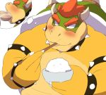  2020 anthro balls belly blush bodily_fluids bowser cum eyes_closed food genital_fluids genitals humanoid_hands kemono koopa mario_bros nintendo oral overweight penis scalie sex simple_background solo tongue tongue_out video_games white_background yoshizaurusu_n 