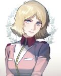  1girl blonde_hair blue_eyes blurry_edges closed_mouth collared_jacket film_grain gundam highres jacket long_sleeves looking_at_viewer military_uniform mobile_suit_gundam pink_jacket pink_lips sayla_mass short_hair simple_background smile solo uniform upper_body ususio_11 white_background wing_collar 