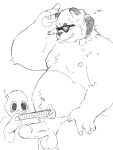 2023 anthro arena_of_valor balls bear belly big_belly blush colaoaoiacquy duo erection eyewear genitals giant_panda hi_res kemono male mammal moobs navel nipples overweight overweight_male penis ruler simple_background sunglasses surprise text white_background zuka_(arena_of_valor)