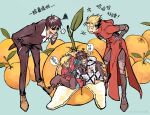  4boys blonde_hair brown_footwear closed_eyes coat dual_persona food fruit happy highres in-franchise_crossover mandarin_orange multiple_boys nicholas_d._wolfwood oxalicacid23 red_coat simple_background standing sunglasses translation_request trigun trigun_stampede vash_the_stampede 