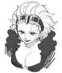  1girl commentary_request eustass_kid eyelashes fur_trim genderswap genderswap_(mtf) goggles goggles_on_head greyscale happy looking_at_viewer monochrome ns1123 one_piece portrait scar scar_across_eye scar_on_face short_hair simple_background sketch smile solo white_background 