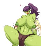 areola big_breasts biped blonde_hair blush blush_lines breasts elf female green_body green_skin group hair humanoid humanoid_pointy_ears larger_female male male/female mopan nipples not_furry open_mouth open_smile orc ponytail purple_hair size_difference smaller_male smile trio